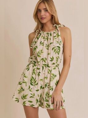 Gilli Cream Linen-Blend Leaf Print Tie-Strap Romper